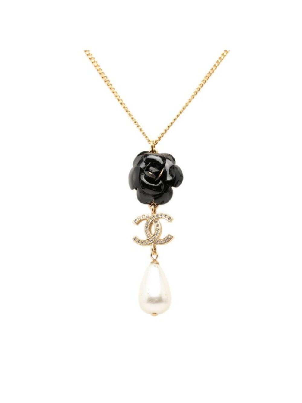 Chanel CC Logo Camellia Necklace Gold Black Plated Faux Pearl Rhinestone